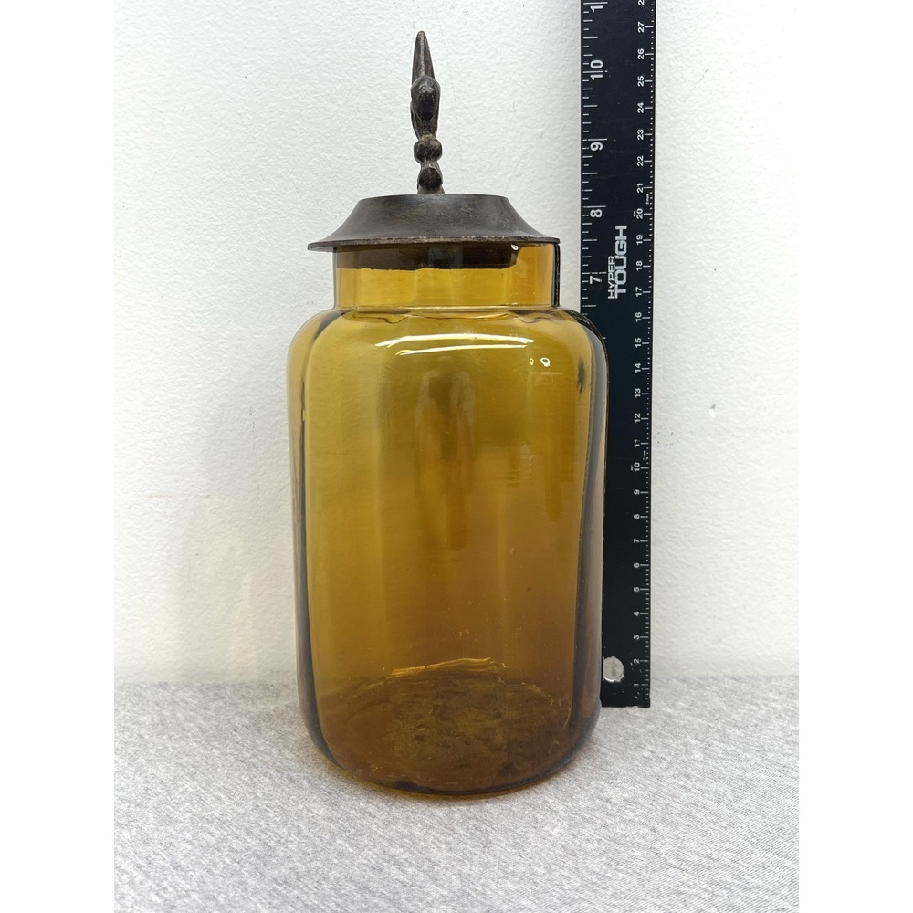 Amber Brown Glass Bottles Set 3 Fleur De Lis Lids Apothecary Canisters Unmarked - Picture 8 of 12